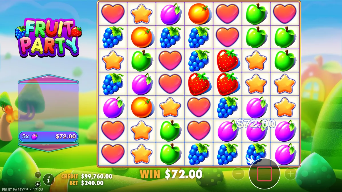 Fruit Party slot review — Pragmatic Play's 7x7 cluster pays grid with cascading multiplier wilds and 5,000x max win at non UK casinos not on GamStop