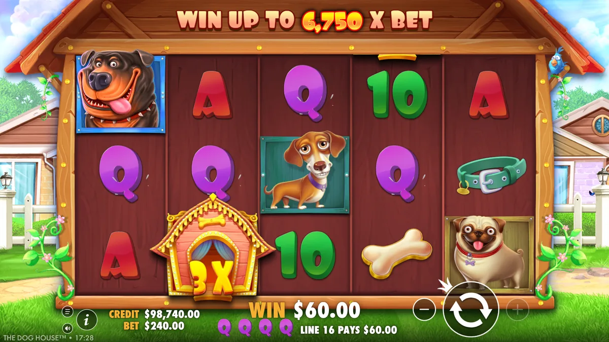 The Dog House slot review — Pragmatic Play's 5x3 kennel slot with sticky multiplier wilds and 6,750x max win at non UK casinos not on Gamstop