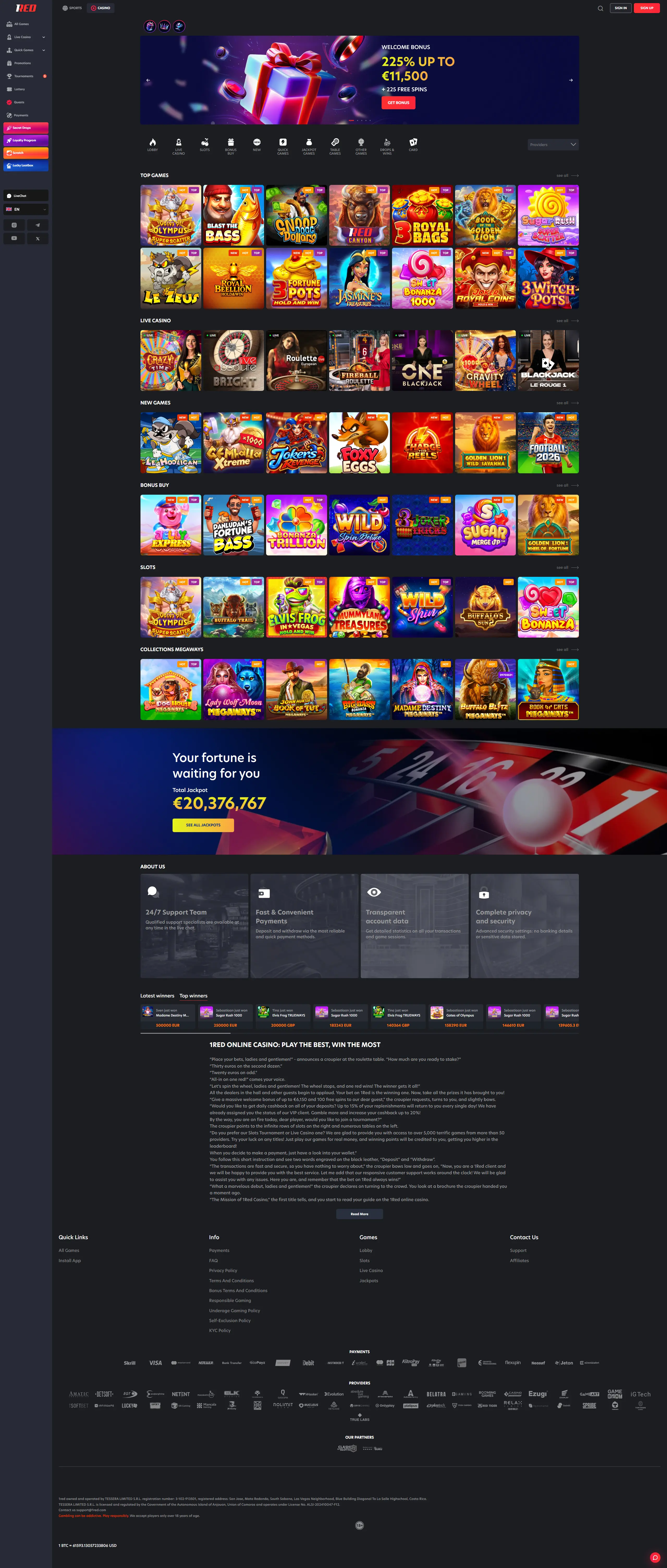 1Red Casino homepage — 225% welcome bonus up to €11,500 with 225 free spins, top slots, live casino tables and Megaways collections at this non UK casino not on GamStop