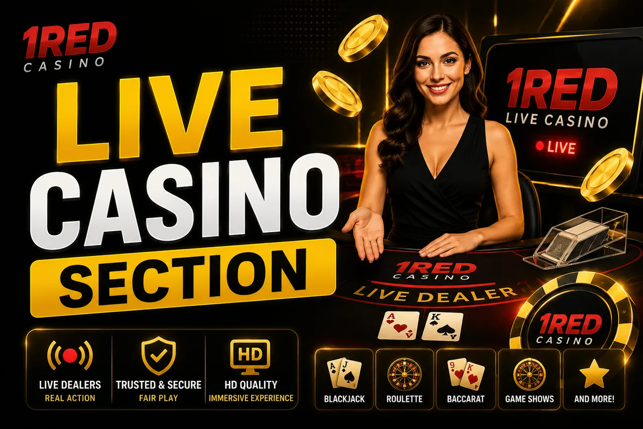 1Red Casino live casino section with HD live dealer Blackjack, Roulette, Baccarat and Game Shows powered by Evolution