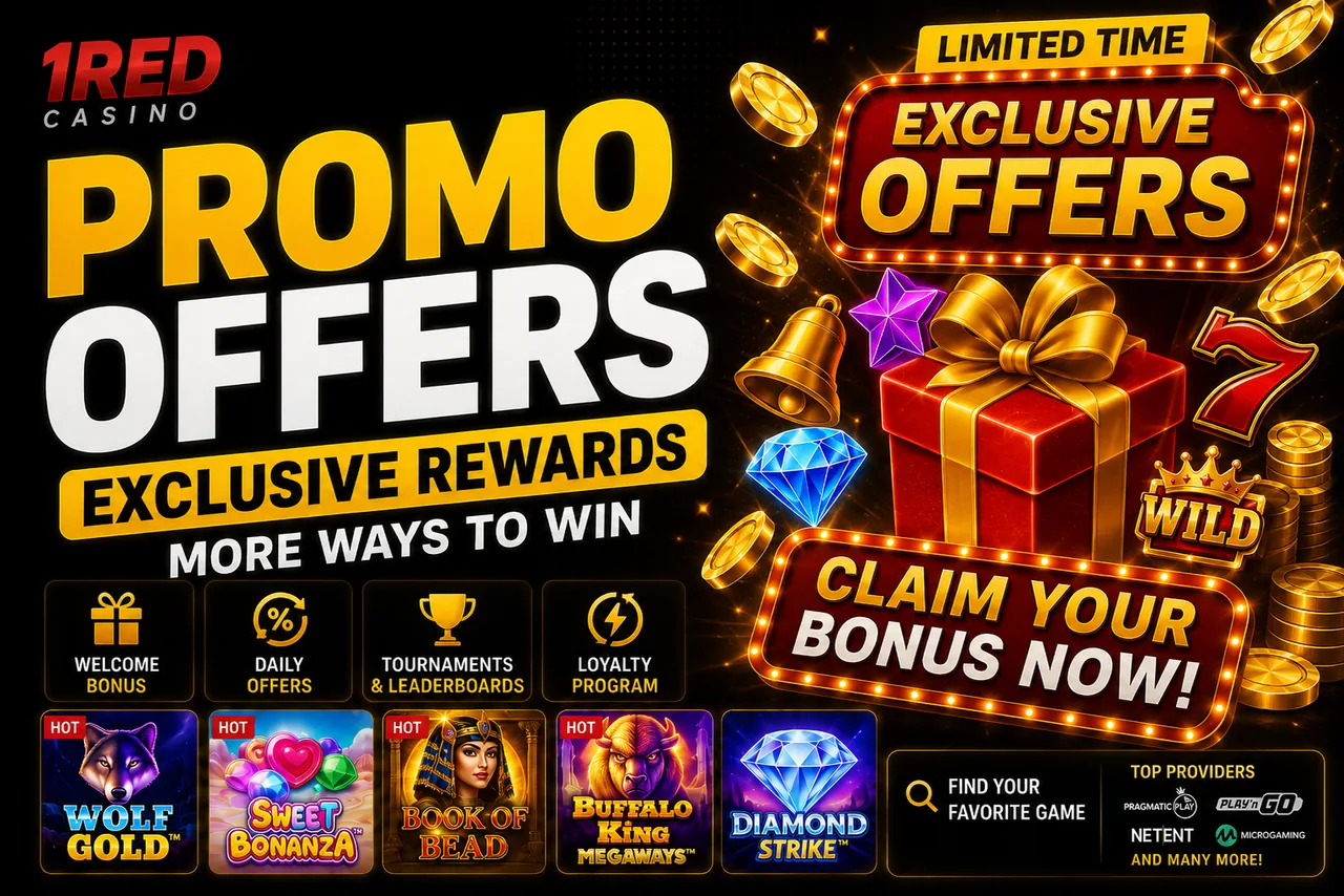 1Red Casino promo offers — welcome bonus, daily offers, tournaments and loyalty program with Pragmatic Play, Play'n GO, NetEnt and Microgaming games at this non UK casino not on GamStop
