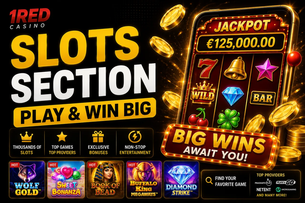 1Red Casino slots section showing thousands of games, a €125,000 jackpot and top titles including Wolf Gold, Sweet Bonanza, Book of Dead and Buffalo King Megaways