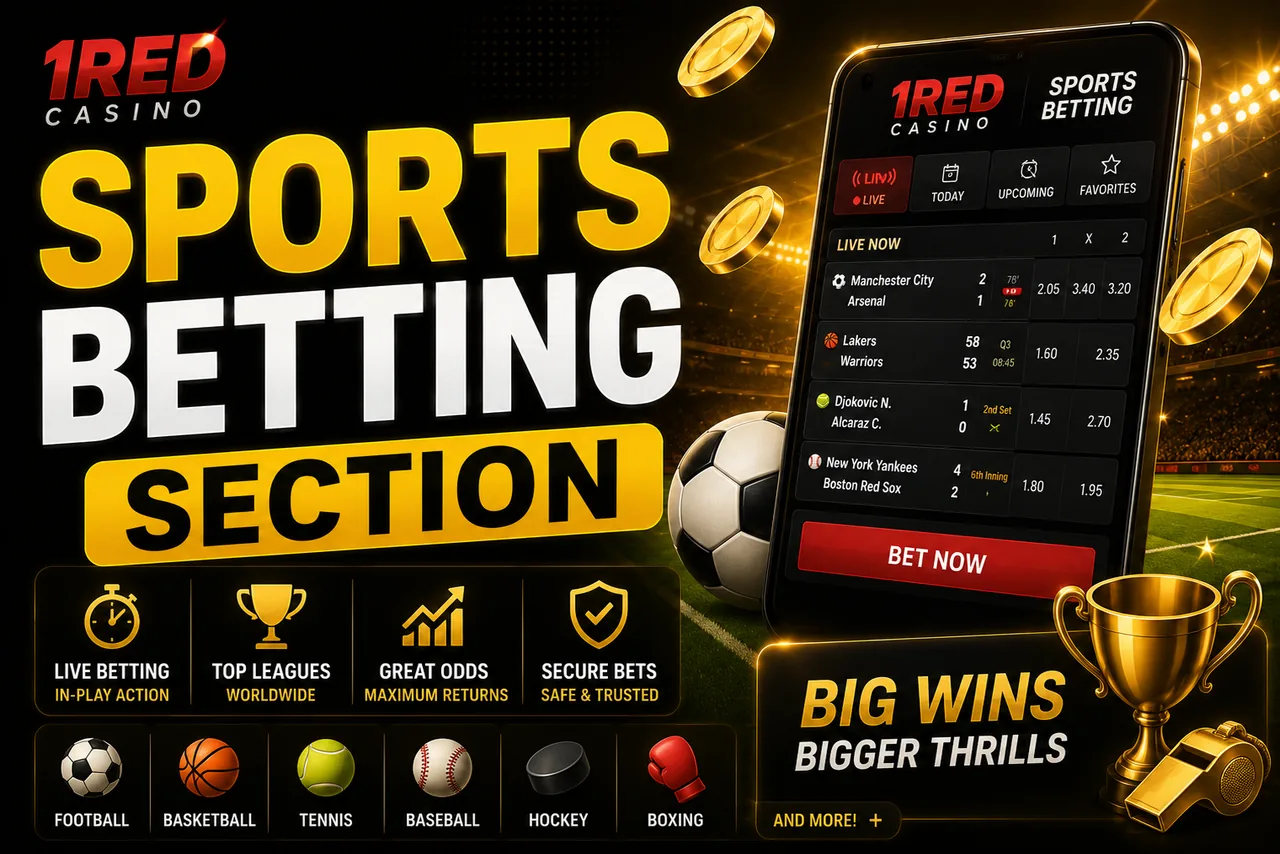 1Red Casino sports betting section with live in-play football, basketball and tennis markets, odds and a mobile bet slip