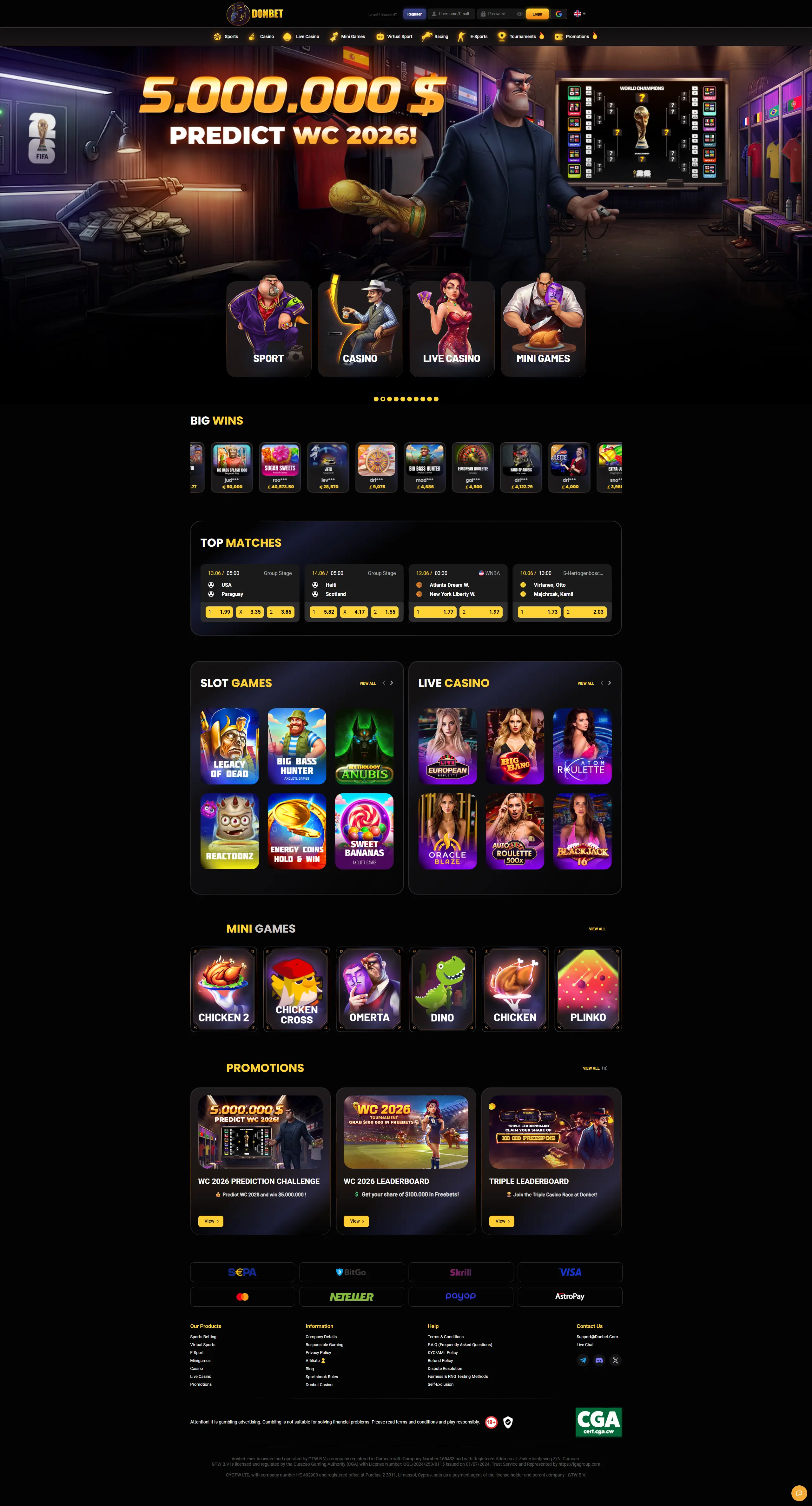 Donbet Casino homepage — sports betting, slots, live casino and mini games with World Cup 2026 promotions at this non UK casino not on GamStop