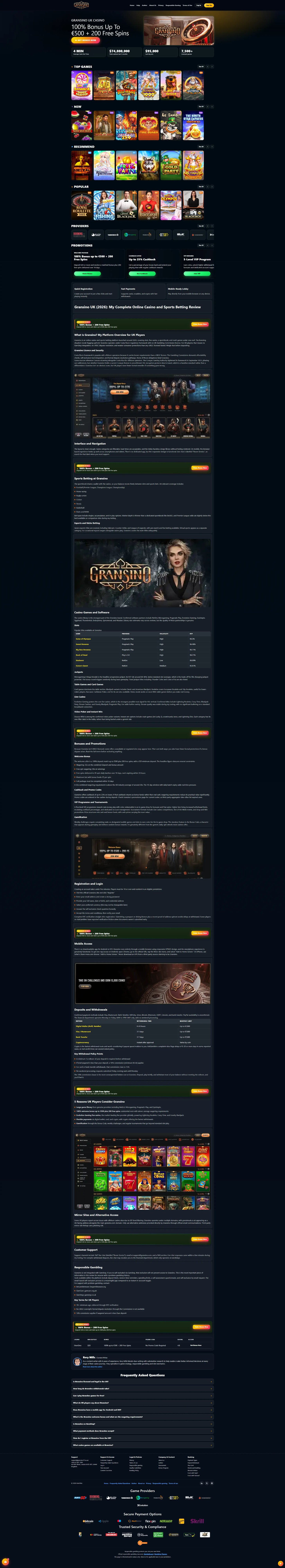 Gransino UK Casino homepage — 100% bonus up to £1,000, top games, providers and promotions at this non GamStop casino