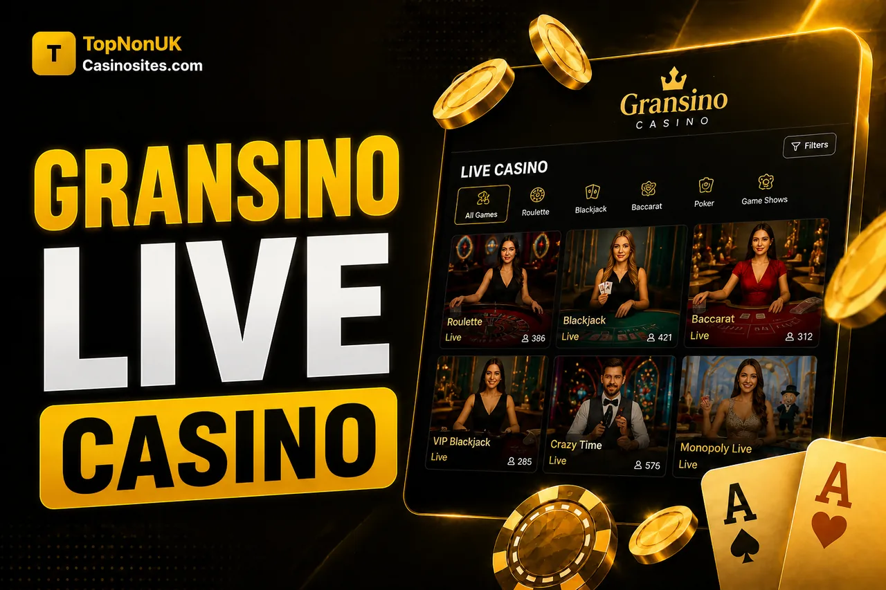 Gransino Casino live casino with Evolution tables — Live Roulette, Blackjack, Baccarat, VIP Blackjack, Crazy Time and Monopoly Live with live player counts