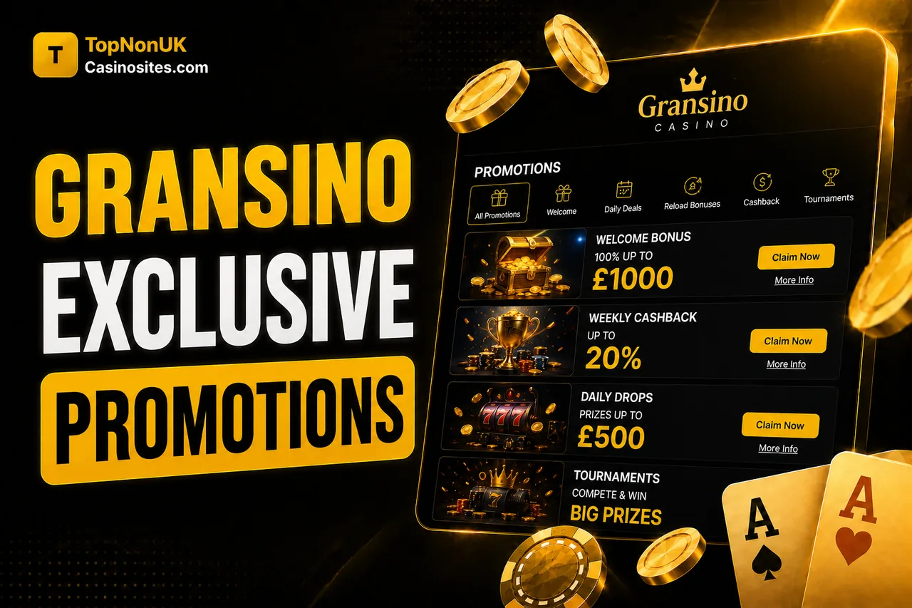Gransino Casino promotions page — 100% up to £1,000 welcome bonus, up to 20% weekly cashback, daily drops up to £500 and tournaments at this non UK casino not on GamStop
