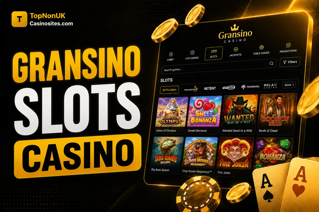 Gransino Casino slots page with 8,400-plus titles from Pragmatic Play, NetEnt, Play'n GO, Yggdrasil and Relax Gaming including Gates of Olympus, Sweet Bonanza, Wanted Dead or a Wild and Big Bass Splash