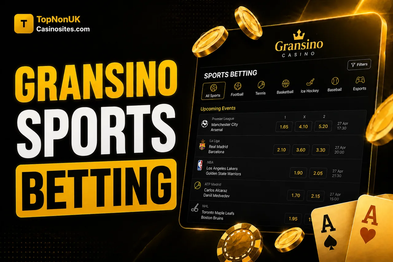 Gransino Casino sports betting page with football, tennis, basketball, ice hockey, baseball and esports markets and upcoming-event odds
