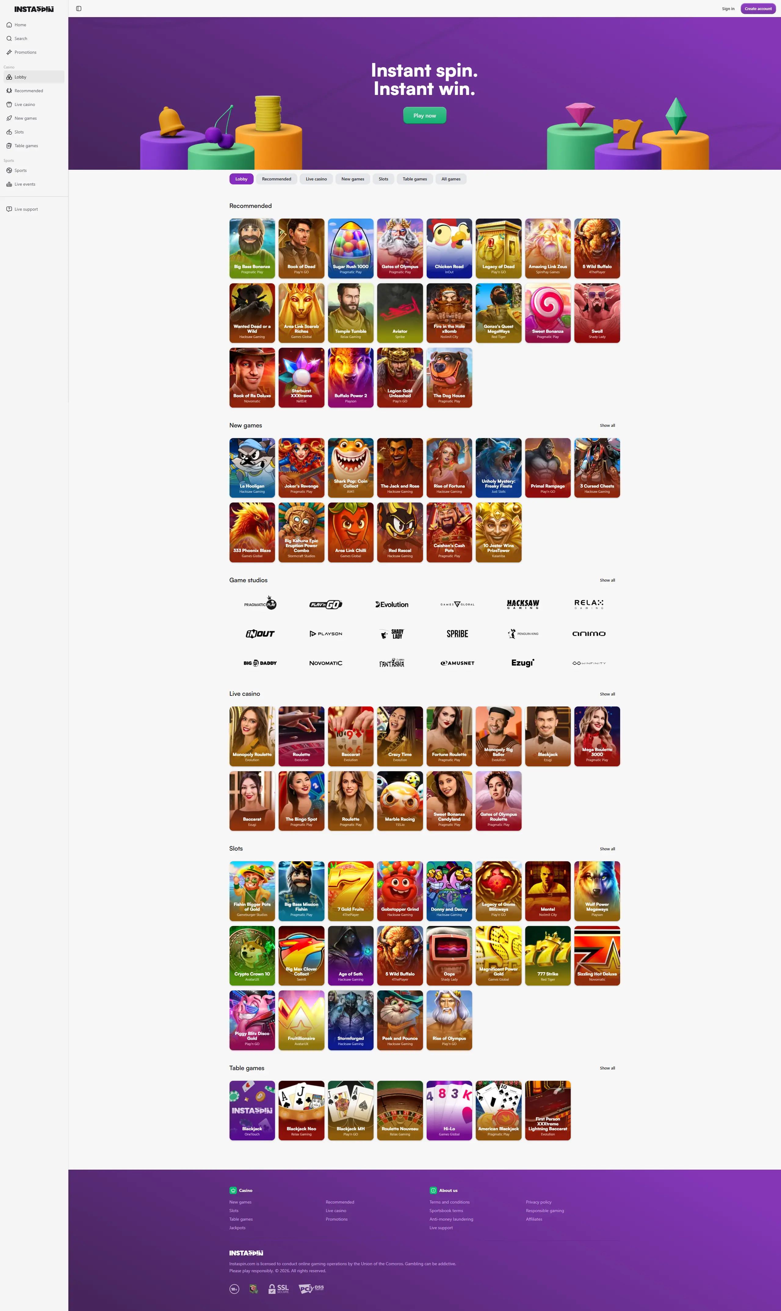 InstaSpin Casino lobby — recommended slots, live casino tables, new games and game studios at this non UK casino accepting UK players without GamStop
