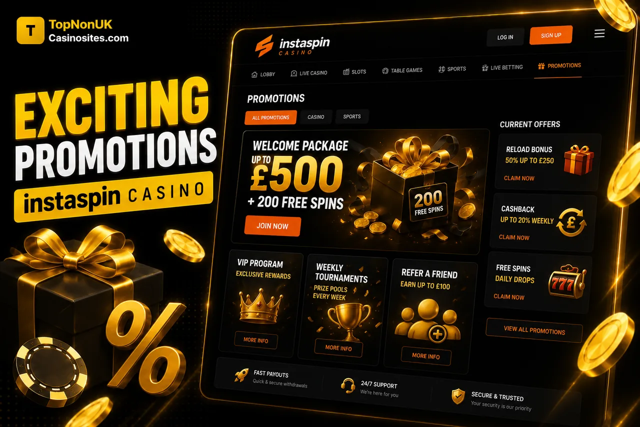 InstaSpin Casino promotions page — welcome package up to £500 plus 200 free spins, 50% reload, 20% weekly cashback, VIP program and weekly tournaments at this non UK casino not on GamStop