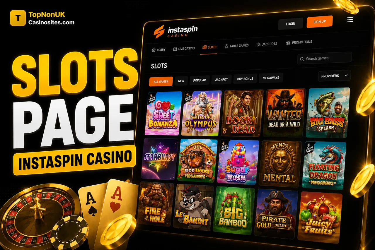 InstaSpin Casino slots page with All Games, New, Popular, Jackpot, Buy Bonus and Megaways filters showing Sweet Bonanza, Gates of Olympus, Book of Dead, Wanted Dead or a Wild and Big Bass Splash