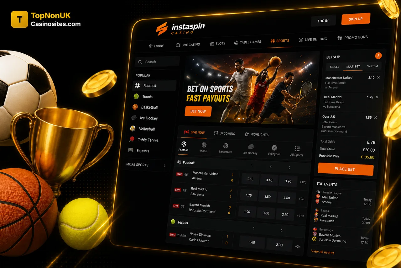 InstaSpin Casino sports betting section with live in-play football, tennis and basketball, a multi-bet slip showing total odds 6.79 and top-league events