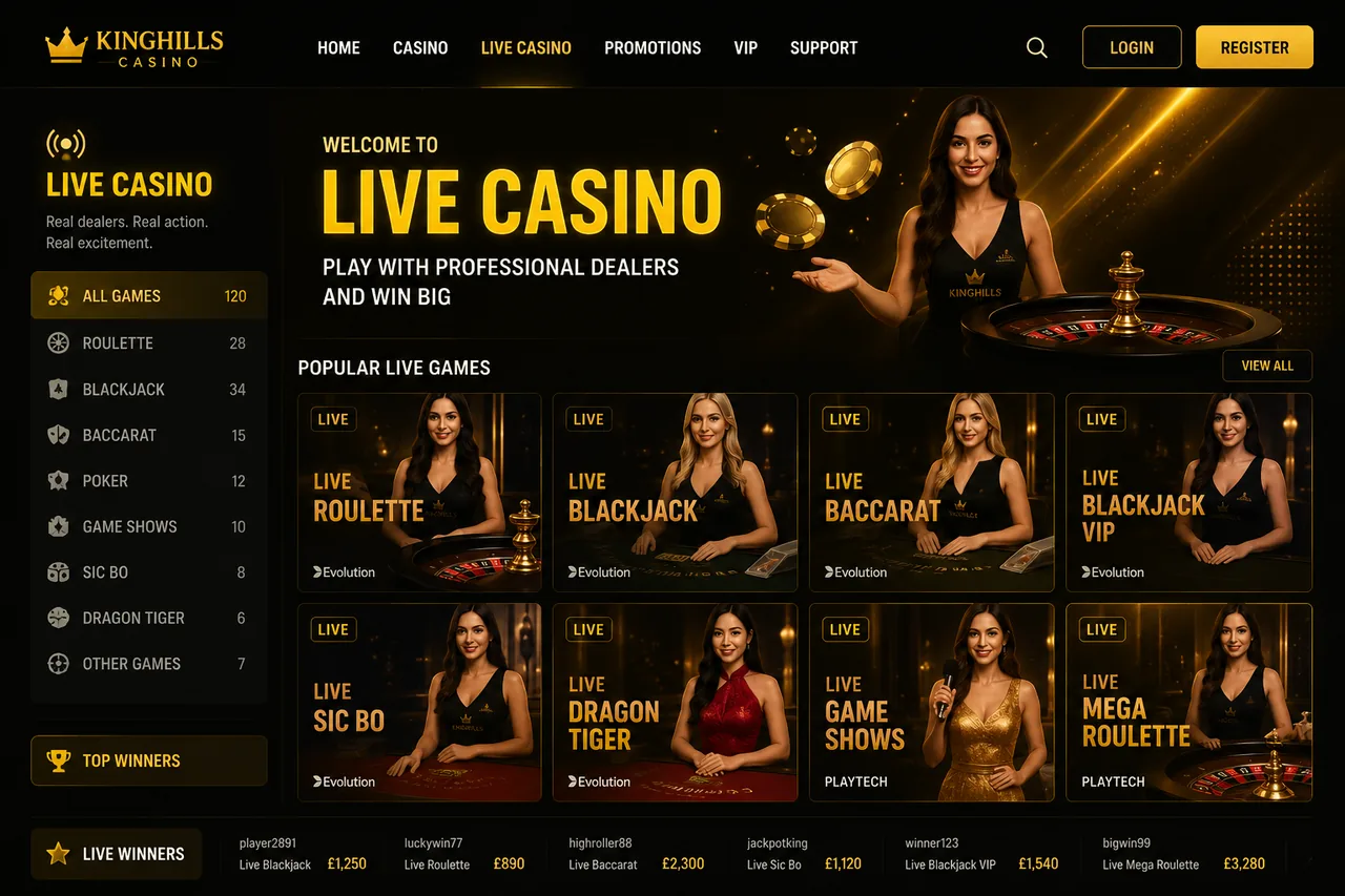 KingHills Casino live casino lobby with 120 Evolution and Playtech tables including Live Roulette, Live Blackjack, Live Baccarat, Game Shows and Mega Roulette
