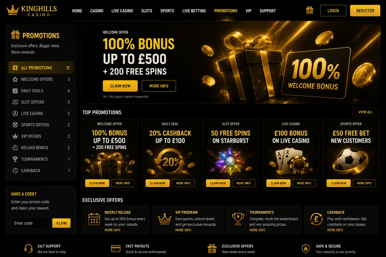 KingHills Casino promotions page showing the 100% up to £500 welcome bonus plus 200 free spins, 20% daily cashback and 12 live offers at this non UK casino not on GamStop