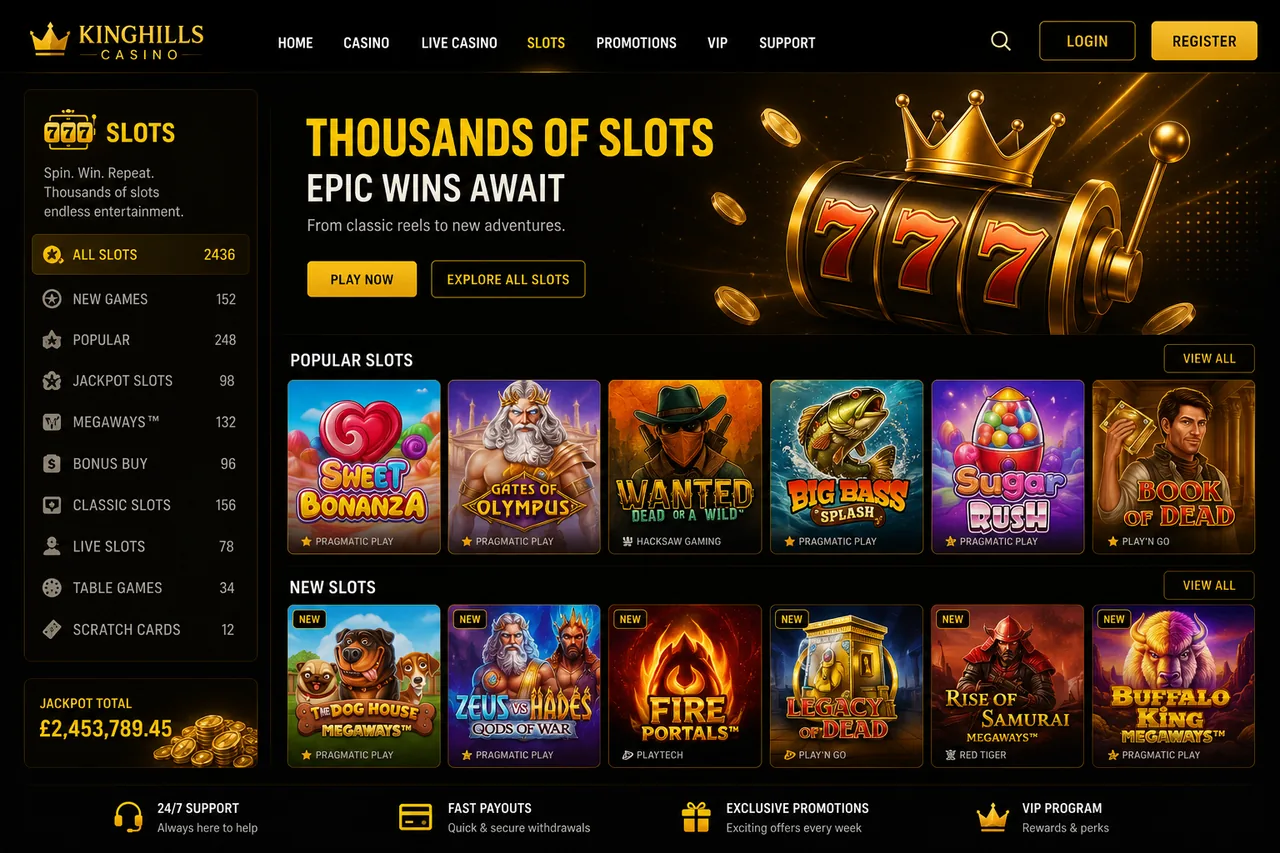KingHills Casino slots lobby with 2,436 games including Sweet Bonanza, Gates of Olympus, Big Bass Splash and Buffalo King Megaways, plus a jackpot pool over 2.4 million pounds