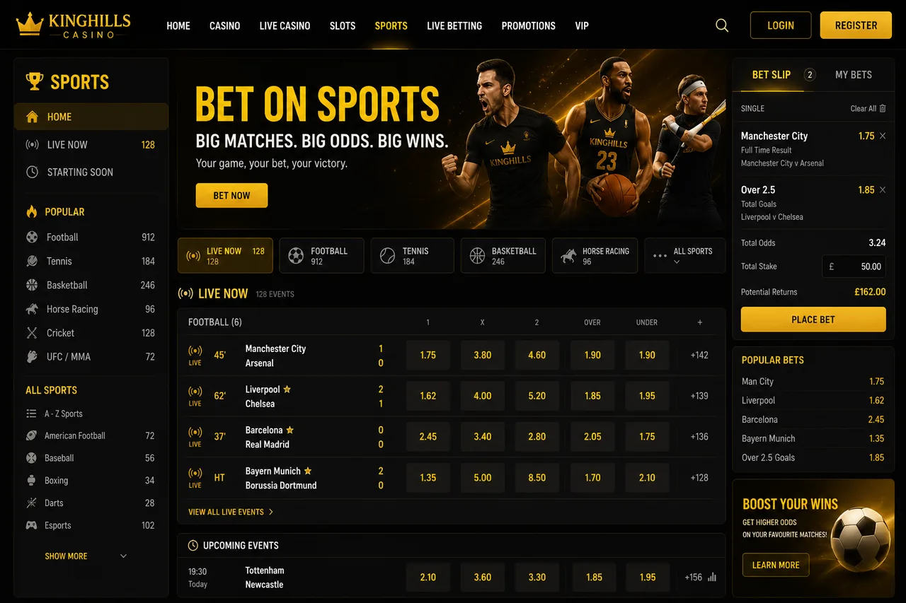 KingHills Casino sportsbook and live betting page showing in-play football, tennis and basketball markets with a bet slip, accumulator and odds boost feature