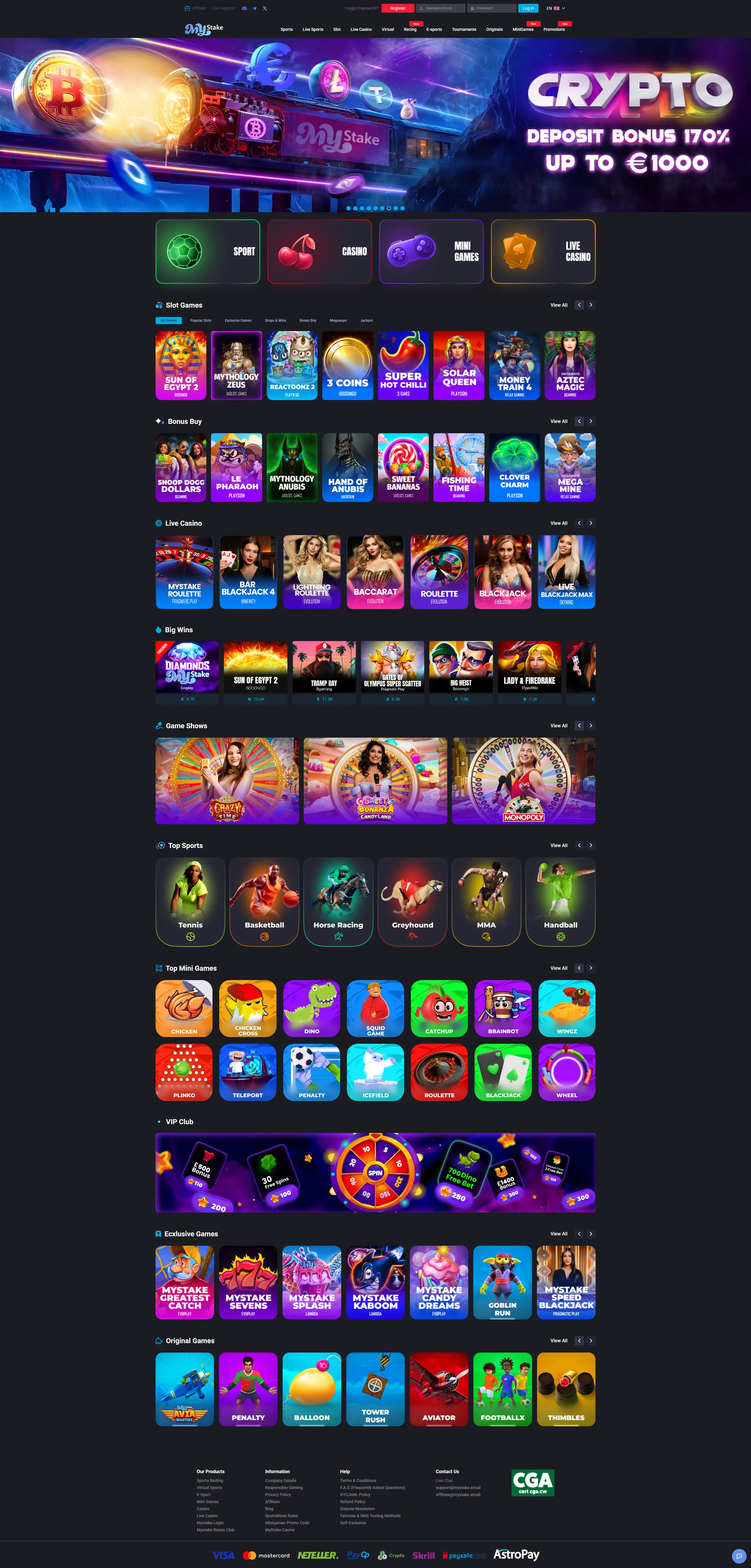 MyStake Casino homepage — 170% crypto deposit bonus up to €1,000, slot games, live casino, mini games and sports betting at this non GamStop casino for UK players