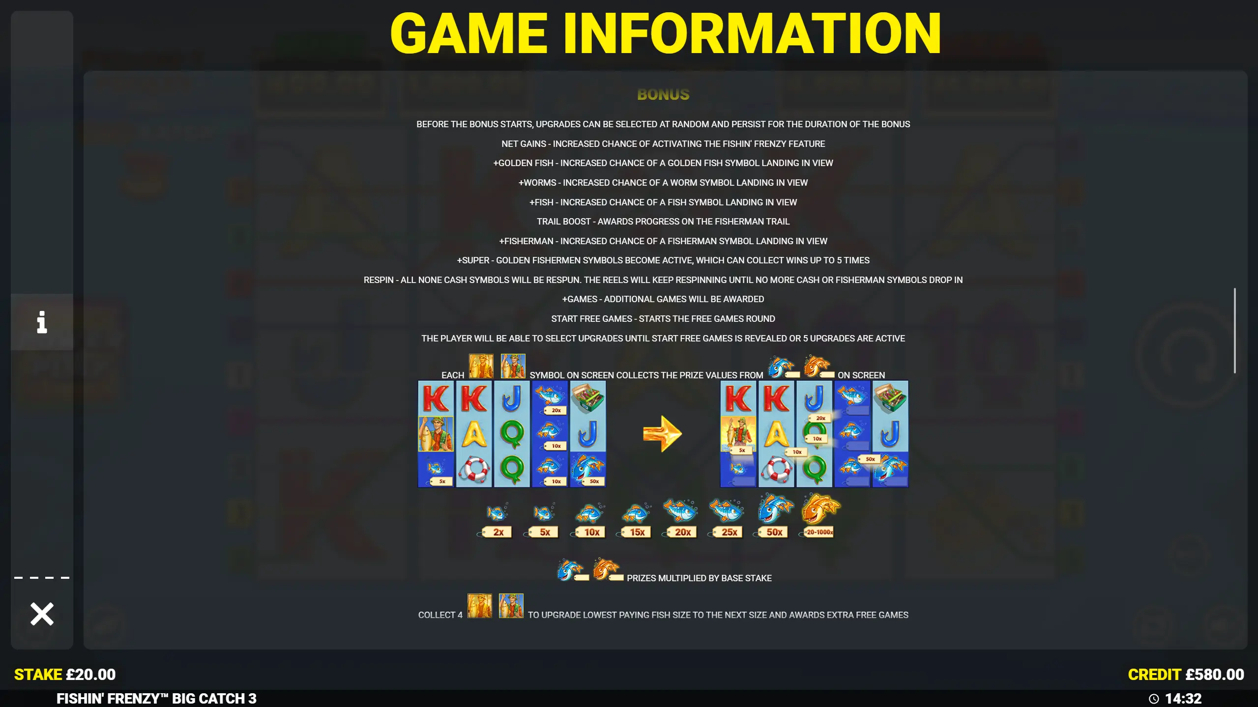Fishin Frenzy The Big Catch 3 bonus round rules — fisherman collects fish cash values, worm and golden fish multipliers up to 1000x, upgrade fish for extra free games