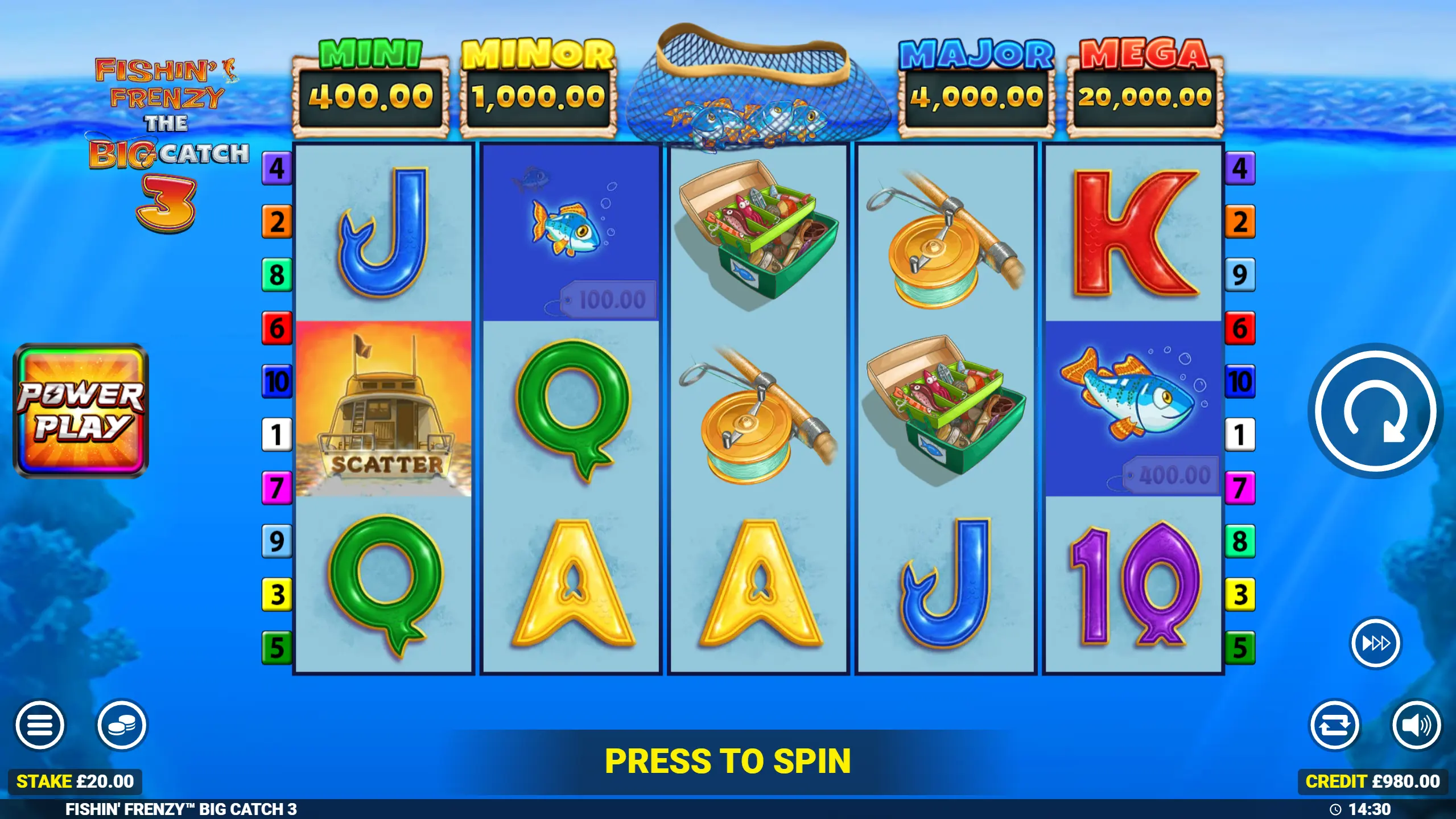 Fishin Frenzy The Big Catch 3 gameplay at a non GamStop casino — 5 reels with Mini, Minor, Major and Mega jackpots, fish cash symbols, Power Play button and £20 stake