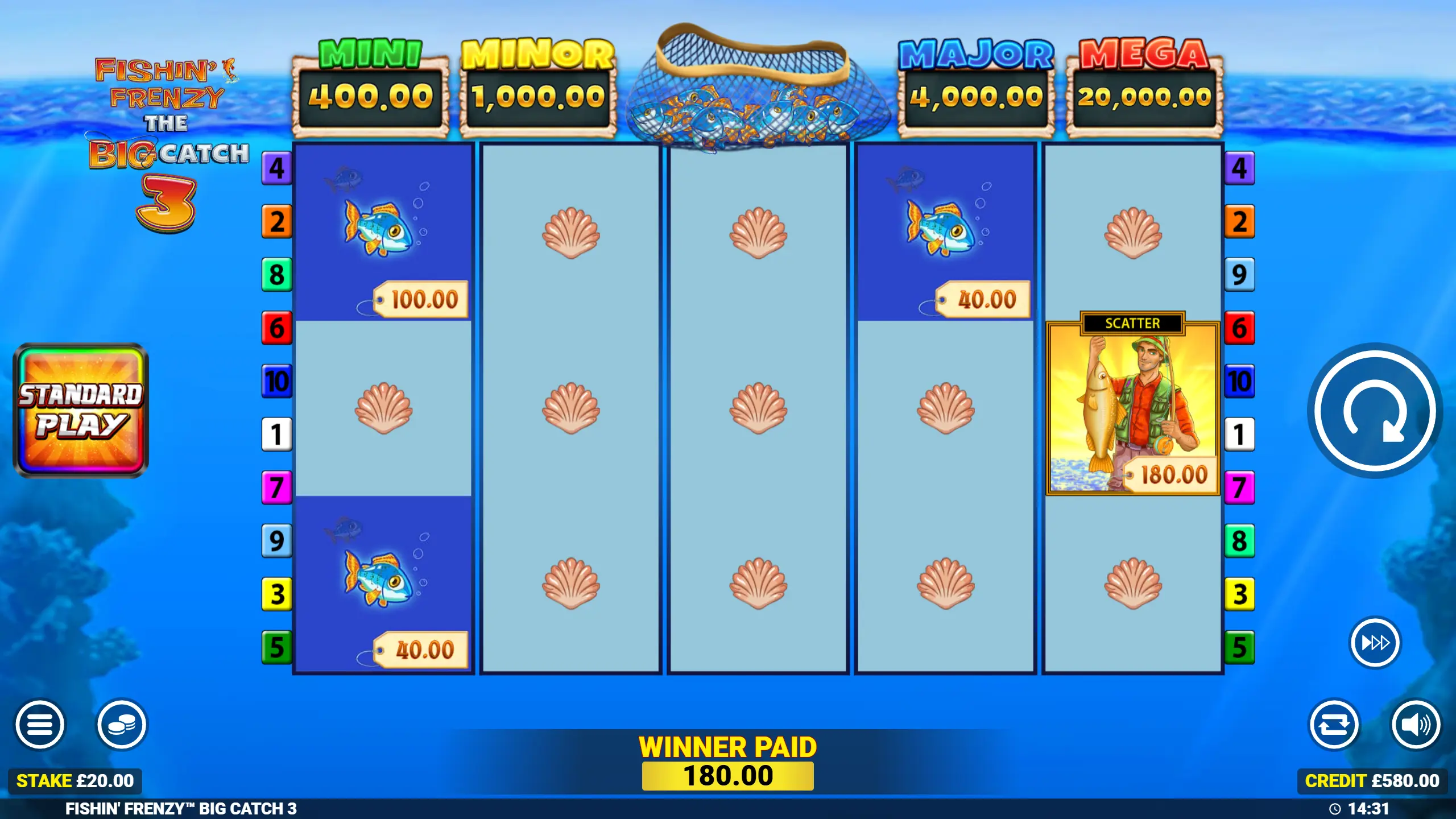 Fishin Frenzy The Big Catch 3 Power Play gameplay showing fish cash symbols, scatter and a 180 winner paid at 5x stake