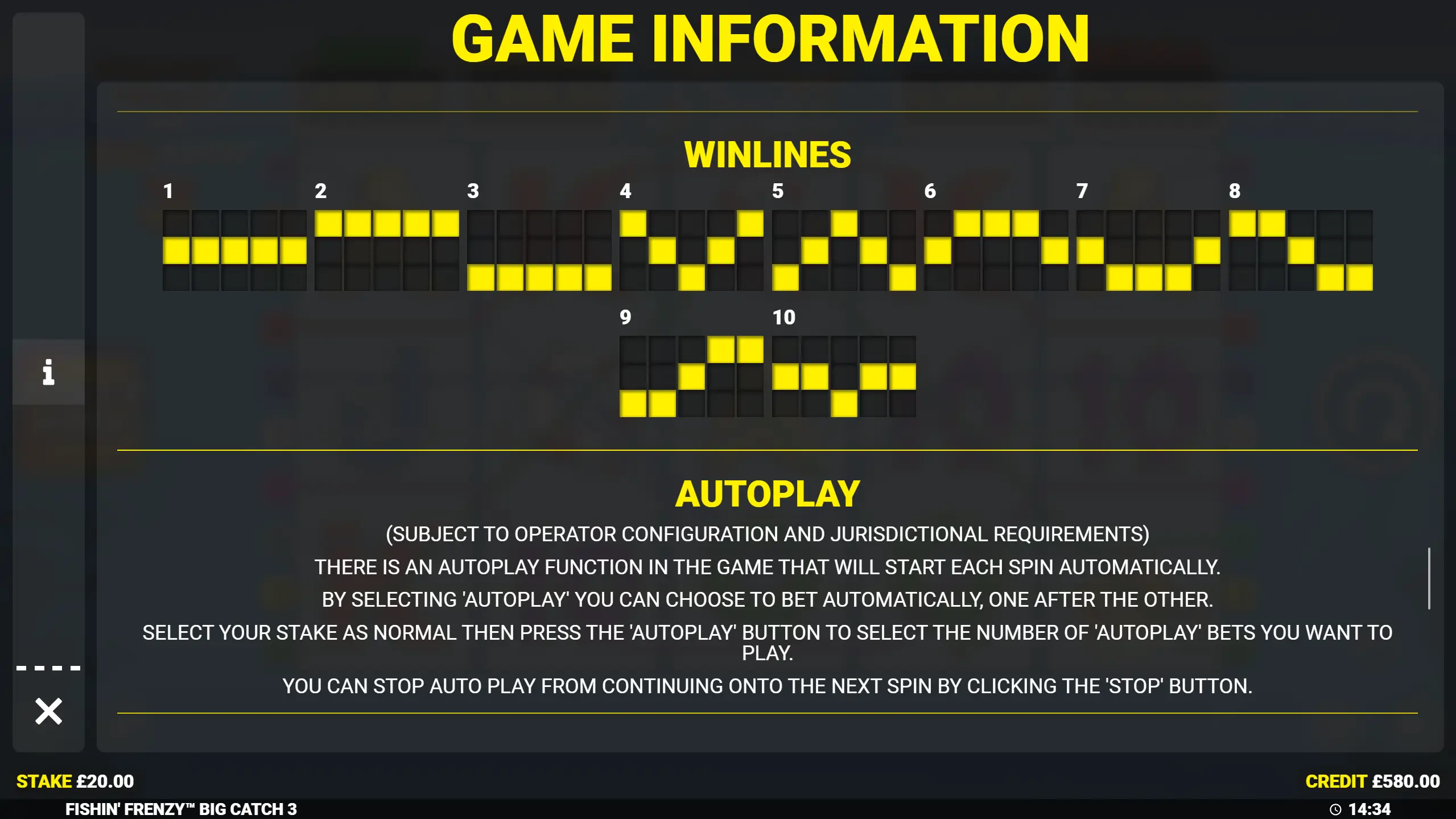 Fishin Frenzy The Big Catch 3 winlines and autoplay overview — 10 fixed paylines across the 5x3 grid with autoplay loss-limit options