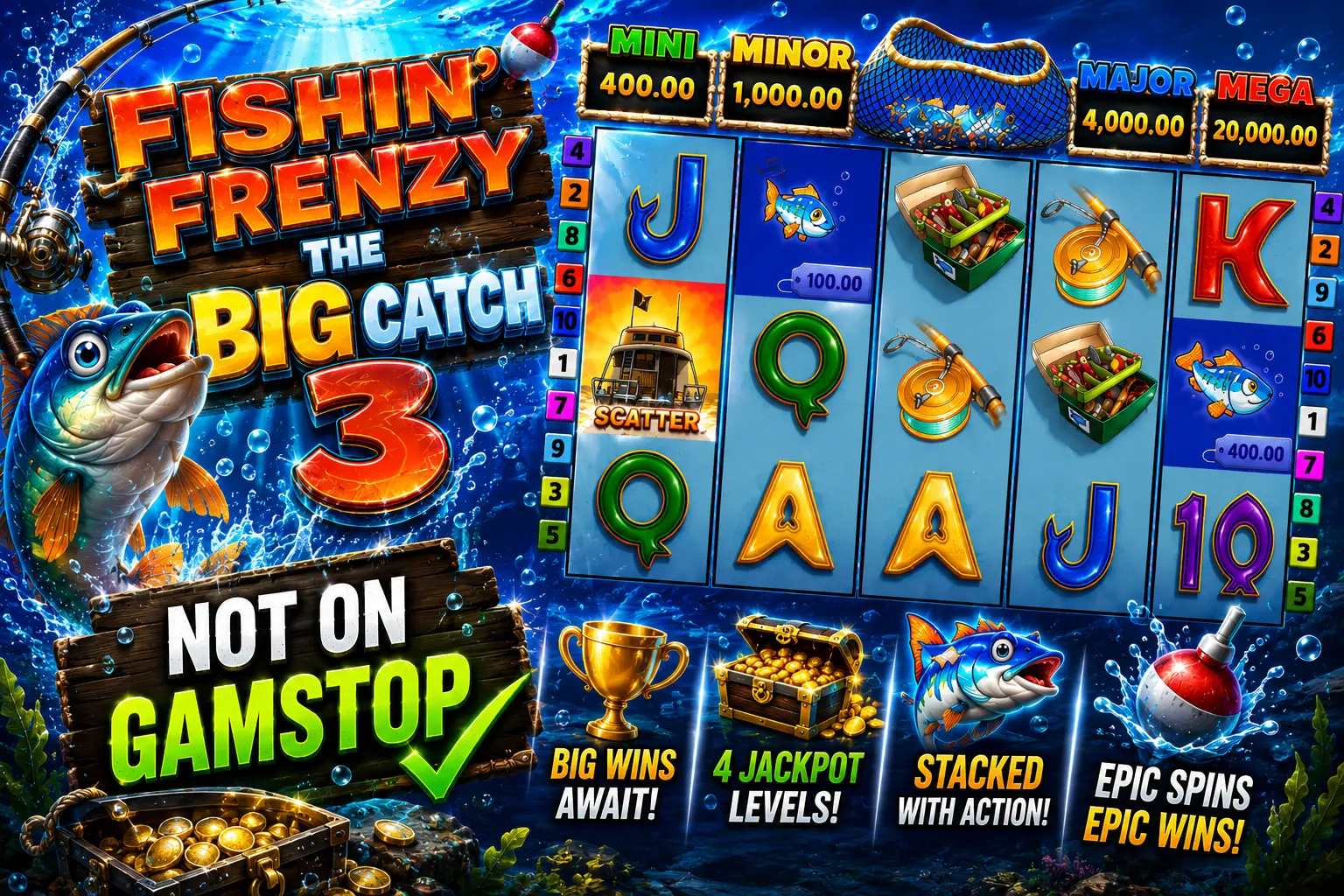 Fishin' Frenzy The Big Catch 3 Not on GamStop slot review — Blueprint Gaming's fishing slot with four jackpots, Power Play and Free Games modifiers at non UK casinos for UK players