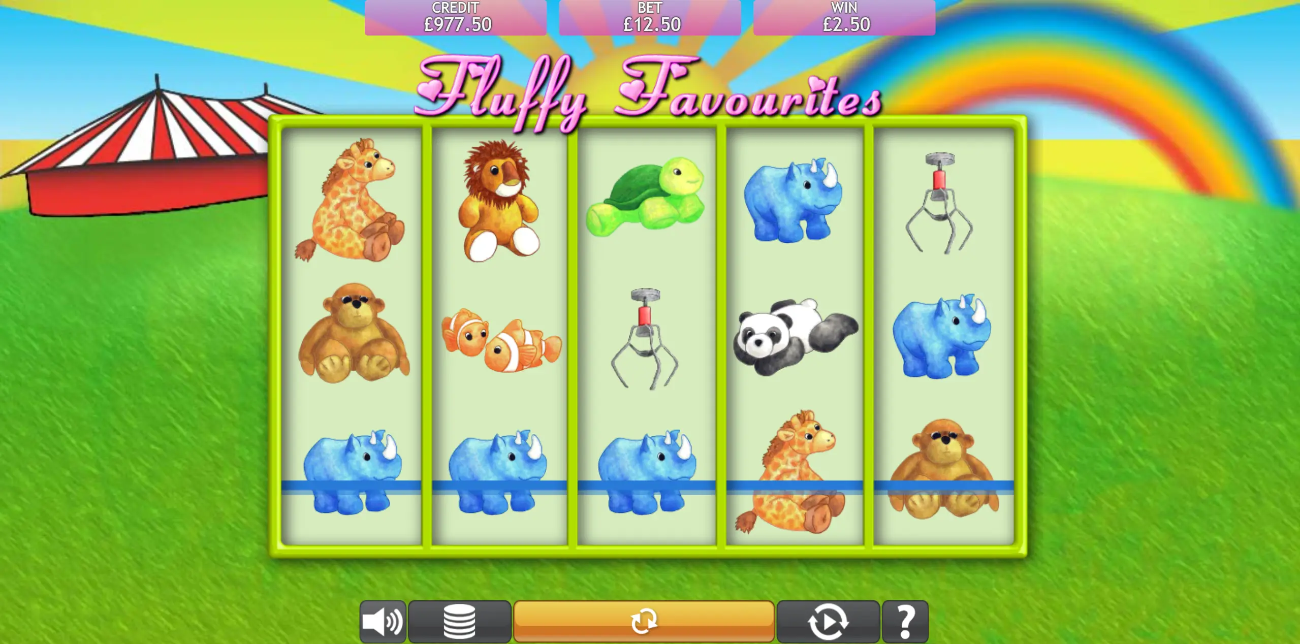 Fluffy Favourites slot gameplay at a non GamStop casino — 5x3 reels with giraffe, lion, turtle, rhino and panda toy symbols on a fairground background, £12.50 bet