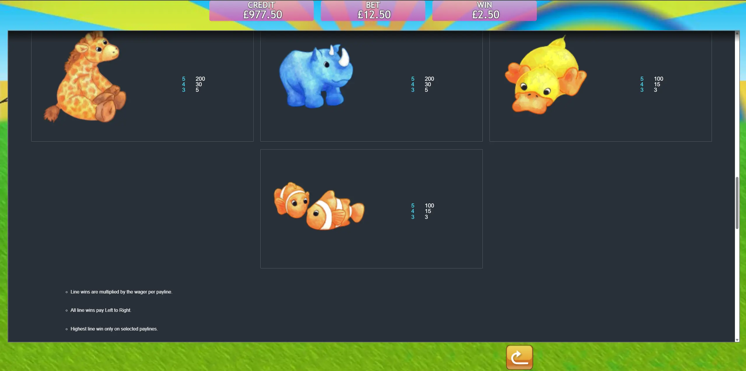 Fluffy Favourites high-value paytable — purple hippo pays 5000, pink dragon 1000, monkey, panda, lion and turtle line wins at a non GamStop casino