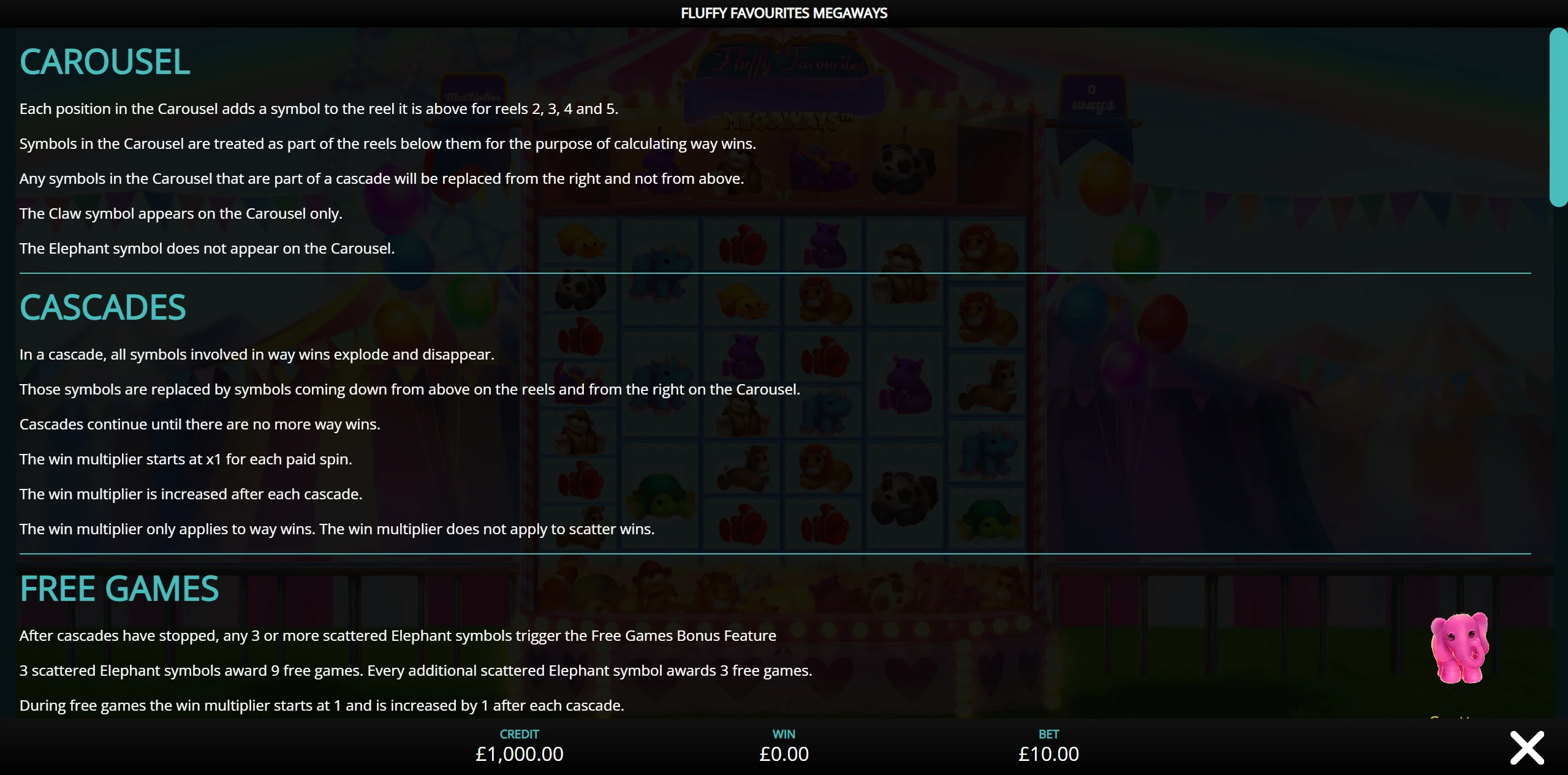 Fluffy Favourites Megaways Carousel and Cascades rules — the Carousel adds symbols to reels 2-5 and cascades increase the win multiplier at a non UK casino