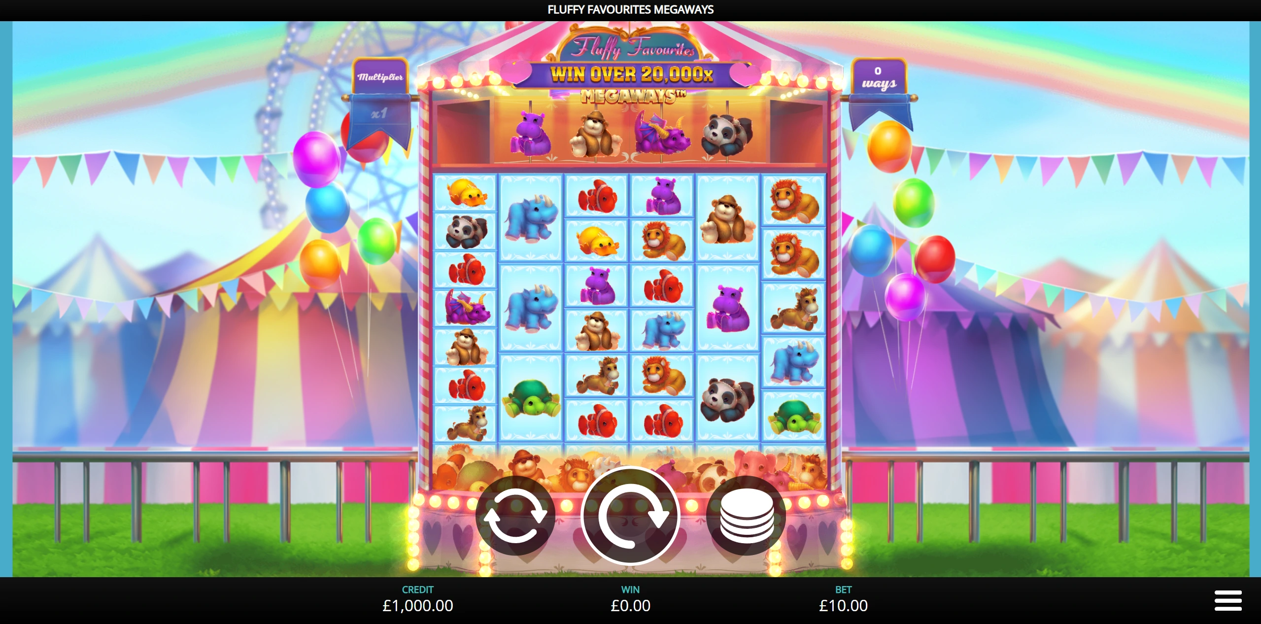 Fluffy Favourites Megaways gameplay at a non GamStop casino — 6 reels with the Carousel row, Multiplier and ways counters, win over 20,000x Megaways, £10 bet