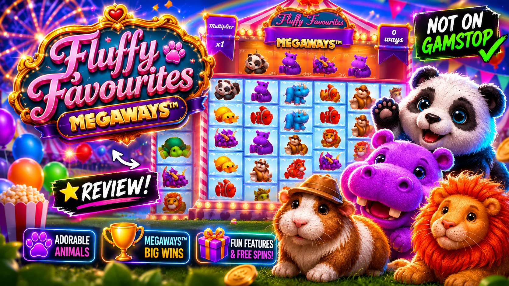 Fluffy Favourites Megaways Not on GamStop slot review — Eyecon's Megaways fairground slot with panda, hippo, lion and dragon toys, 117,649 ways and 20,000x max win at non UK casinos for UK players
