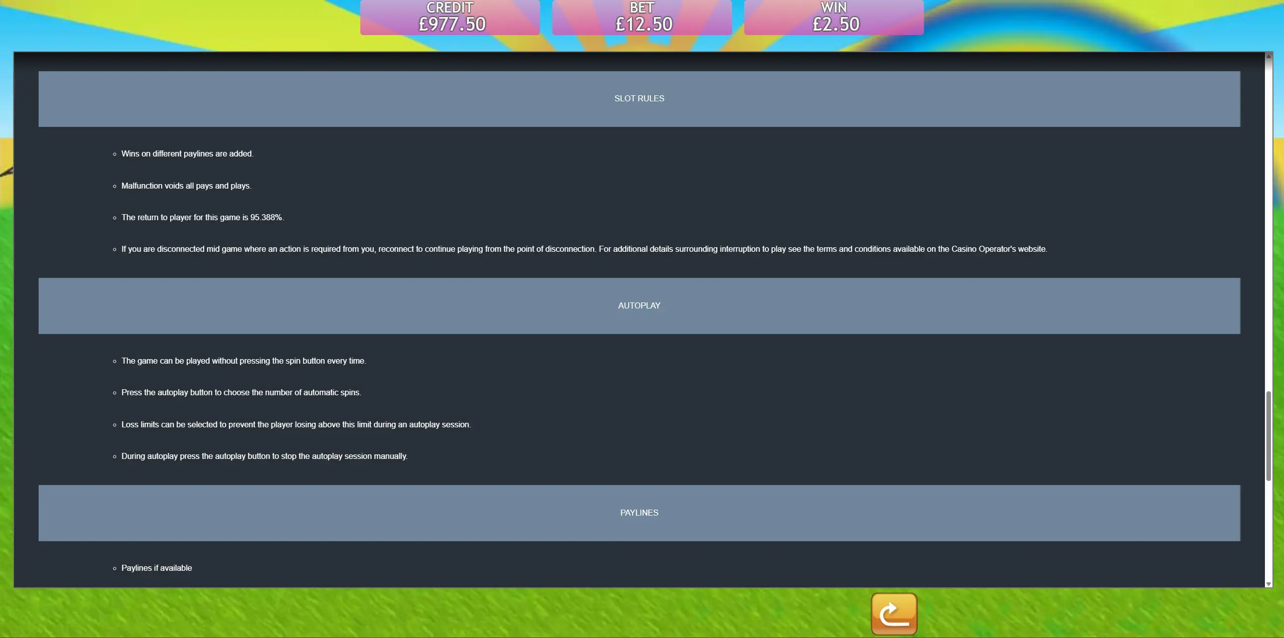 Fluffy Favourites slot rules and autoplay screen showing 95.388% RTP, wins added across paylines, and autoplay loss-limit options at a non GamStop casino