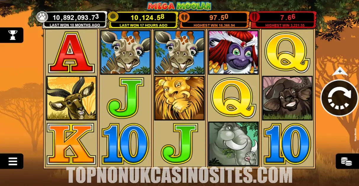 Mega Moolah slot review — Microgaming's legendary progressive jackpot safari slot with multi-million prizes at non UK casinos not on Gamstop
