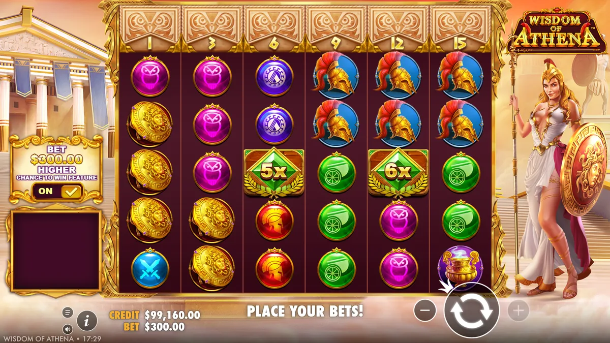Wisdom of Athena slot review — Pragmatic Play's 6x5 Pay Anywhere tumble slot with progressive grid unlock and 5,000x max win at non UK casinos not on Gamstop